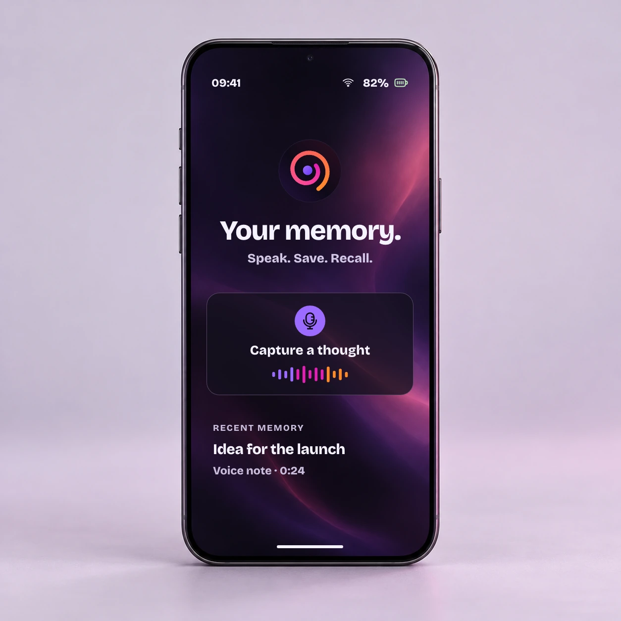 Photorealistic phone concept with aurora wallpaper, the original spiral badge, a battery indicator and a voice-memory capture screen